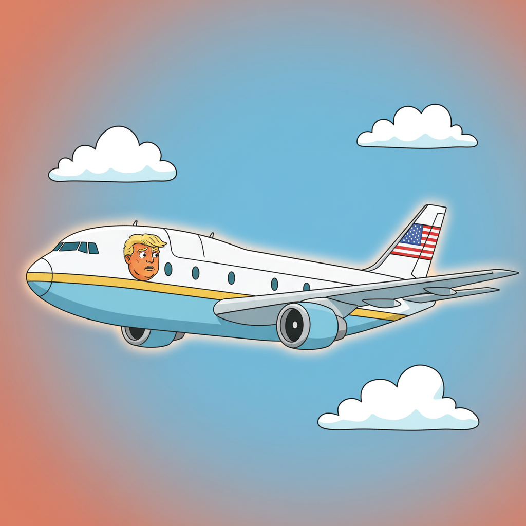 Air Force One aircraft in blue sky with white clouds — the boss character is visible through a porthole window before the drop begins