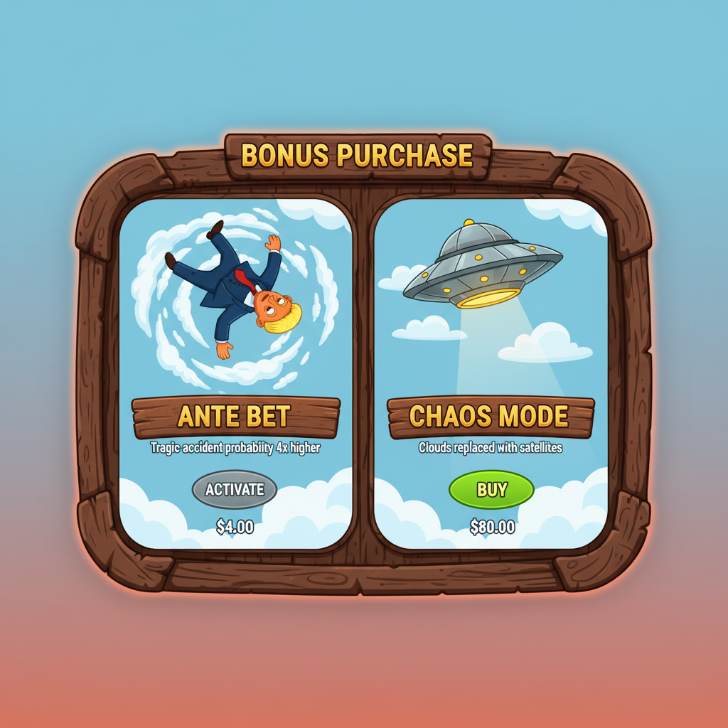 Bonus purchase menu with wooden frame — Ante Bet option at 4x stake cost increasing tragic accident probability, and Chaos Mode option at 80x stake replacing clouds with satellites