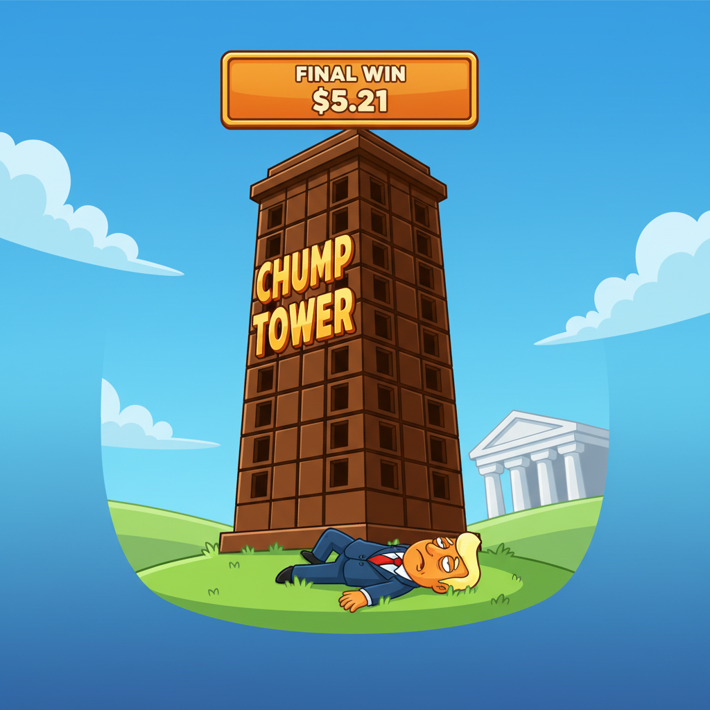 Chump Tower bonus landing zone — dark brown tower with yellow CHUMP lettering, boss character fallen at the base, green hills and FINAL WIN banner showing 50x multiplier payout