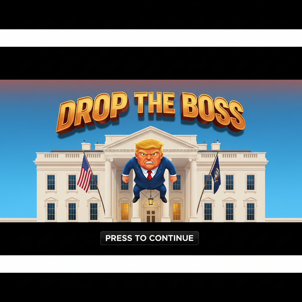 Drop the Boss game main screen — boss character in front of the White House with golden 3D title, American flags, and physics-based gameplay preview