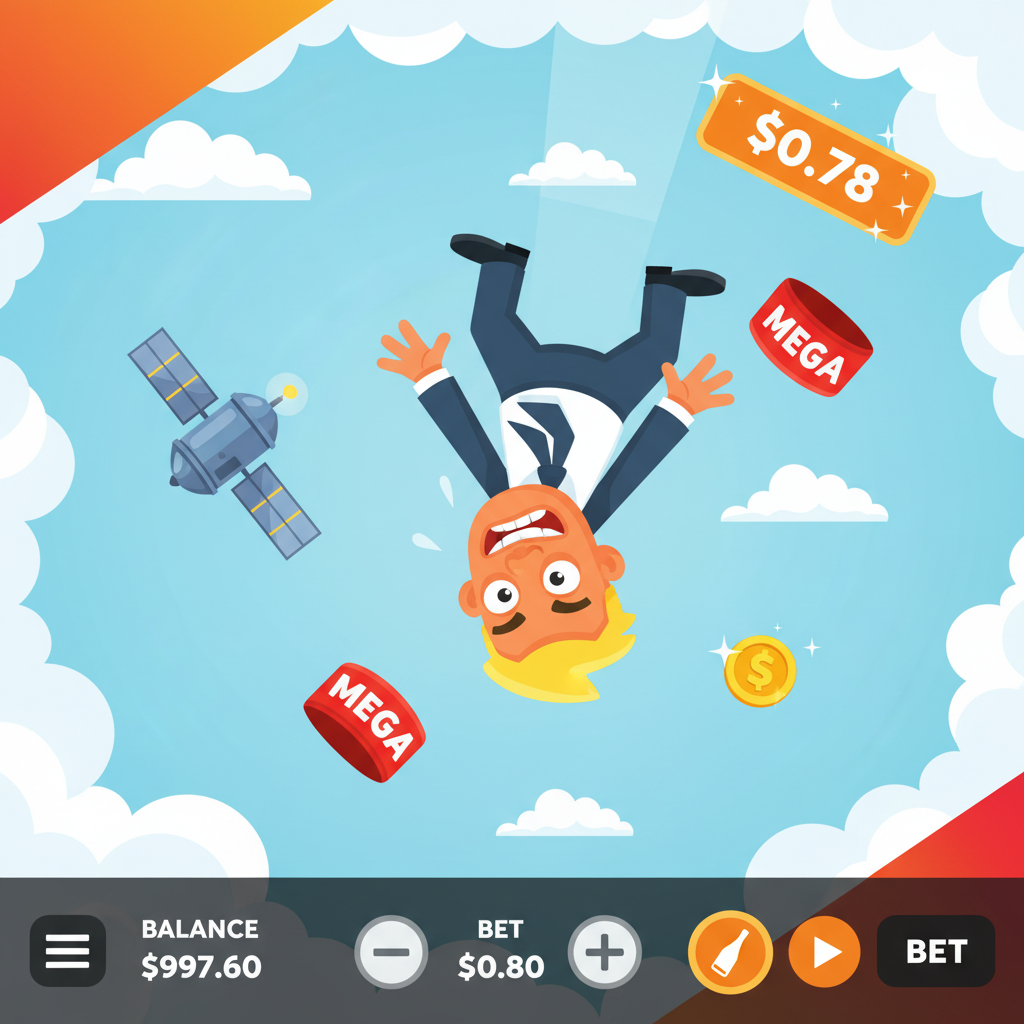 Drop the Boss active gameplay — boss character falling through clouds collecting red MEGA caps and golden coins, with satellite obstacle on the left and win banner showing multiplier