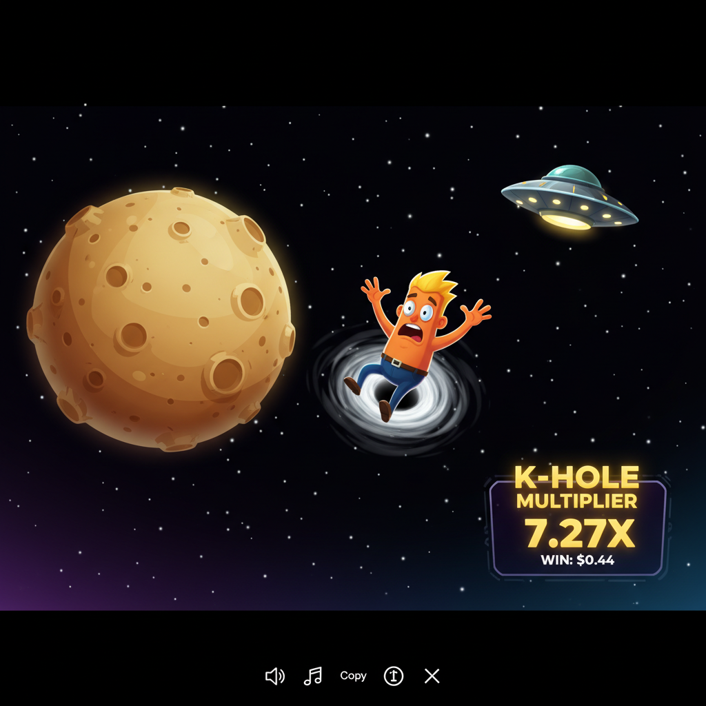 K-Hole black hole bonus — boss character floating in black cosmic space near a cratered yellow-brown planet, K-Hole multiplier display showing random 1x to 11x multiplier value